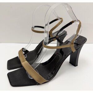 BCBG Maxazria Satin Black Taupe Olive Scrappy Open Toe Y2K Heel Sz 10 B